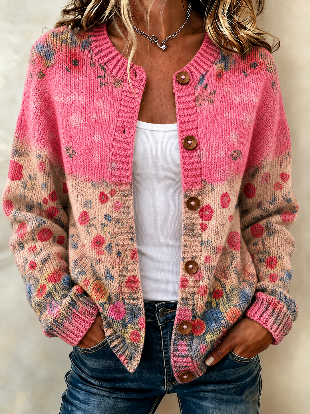 Women's Casual Floral Knitted Cardigan Top