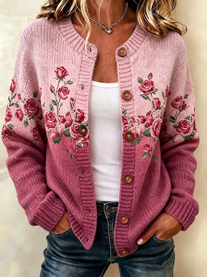 Ladies' Casual Flower Gradient Knitted Cardigan Top