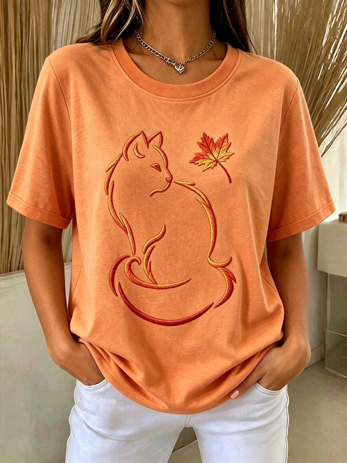 Women's Maple Leaf And Cat Print Short-Sleeve Top