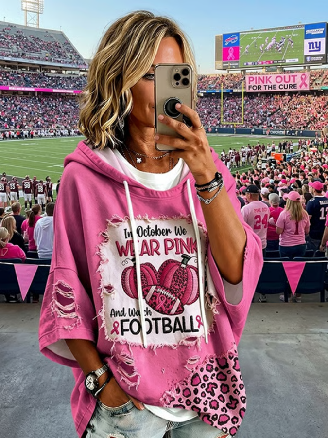 Retro Breast Cancer Awareness Leopard In October We Wear Pink And Watch Football Print Hoodie