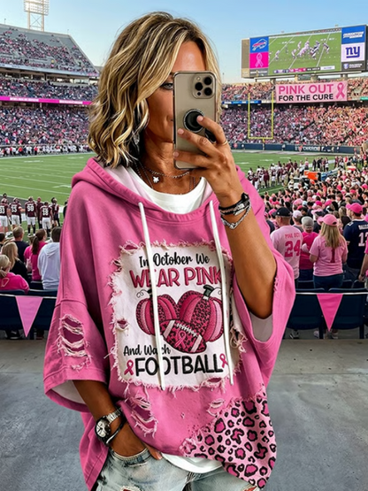 Retro Breast Cancer Awareness Leopard In October We Wear Pink And Watch Football Print Hoodie
