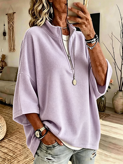 Women's Solid-Color Waffle-Knit Loose Half-Zip Sweatshirt