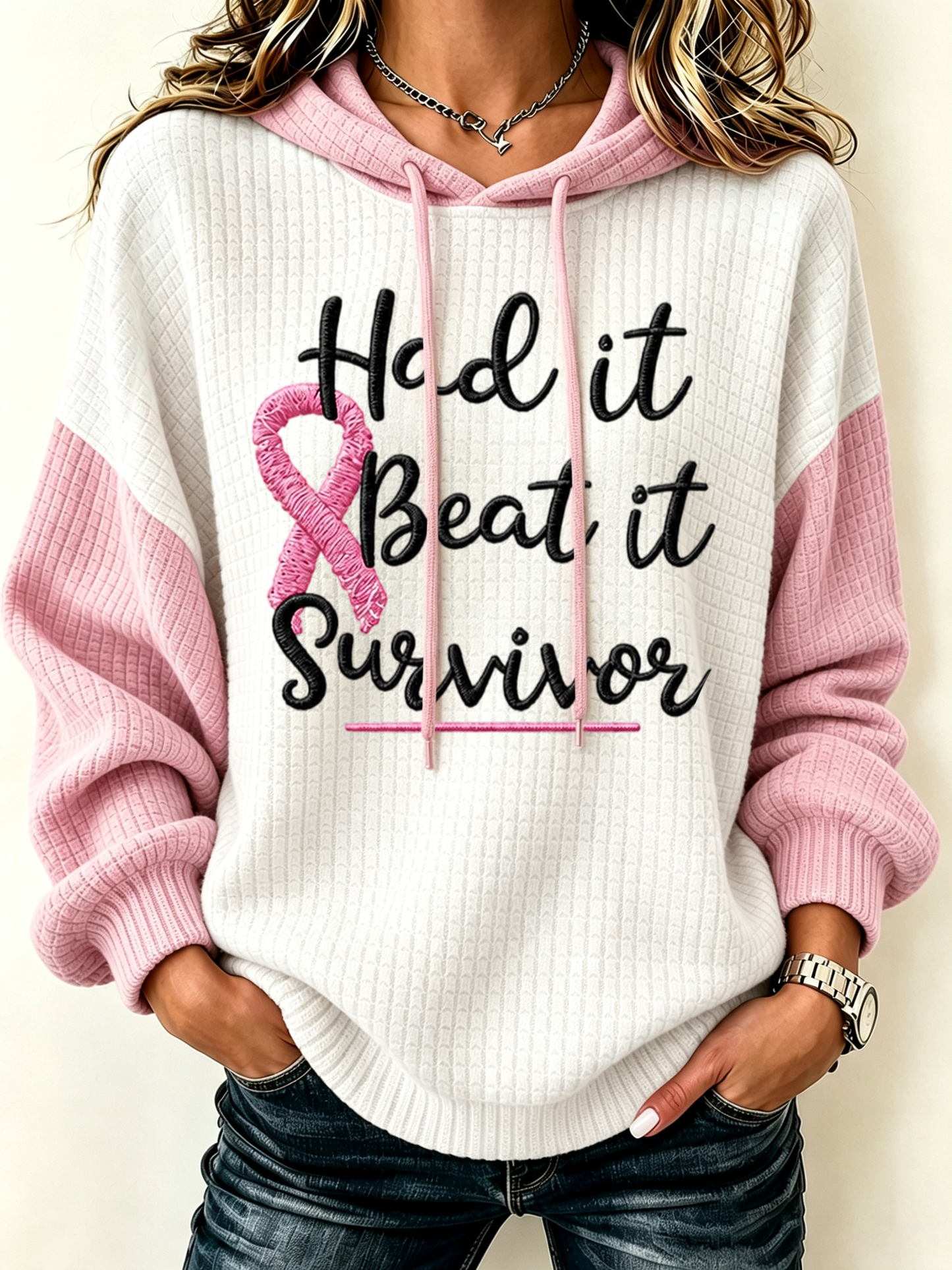 Women's Casual Breast Cancer Awareness Color Blocking Hoodie