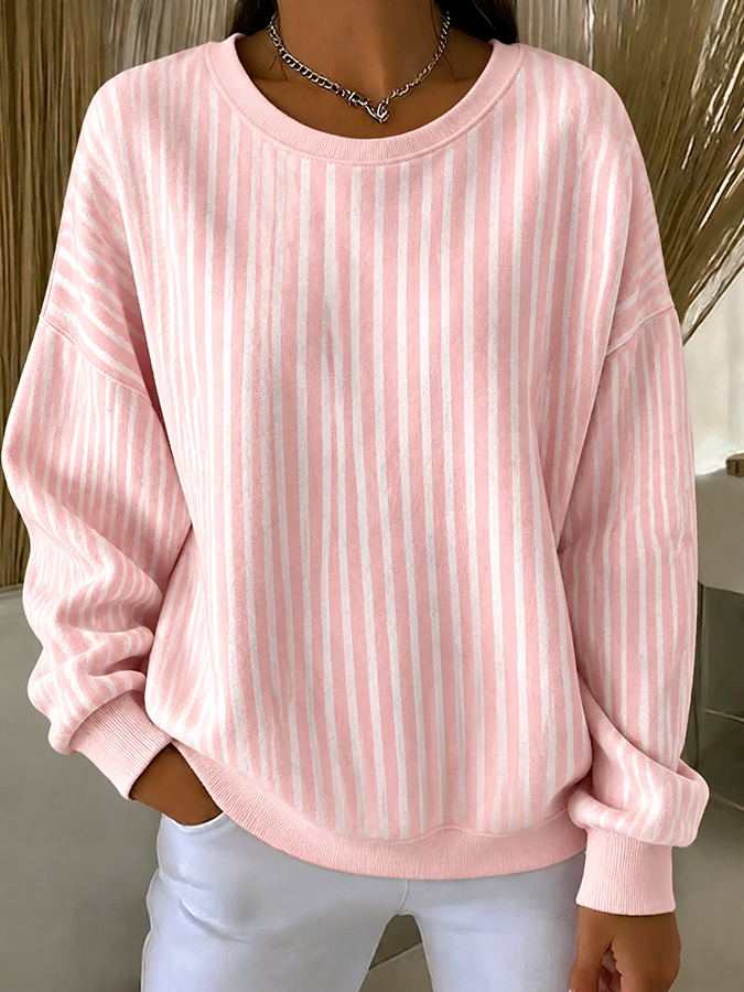 Women'S Breast Cancer Striped Round Neck Sweatshirt
