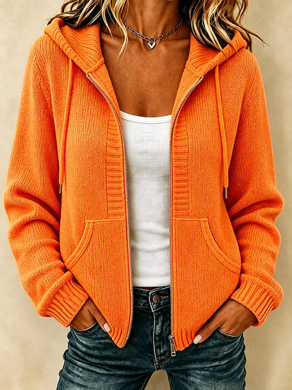 Women'S Casual Village Color Knitted Texture Zipper Hooded