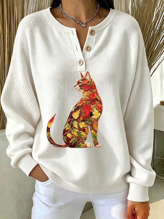 Women's Casual Print Button-Up Collar Knit Top