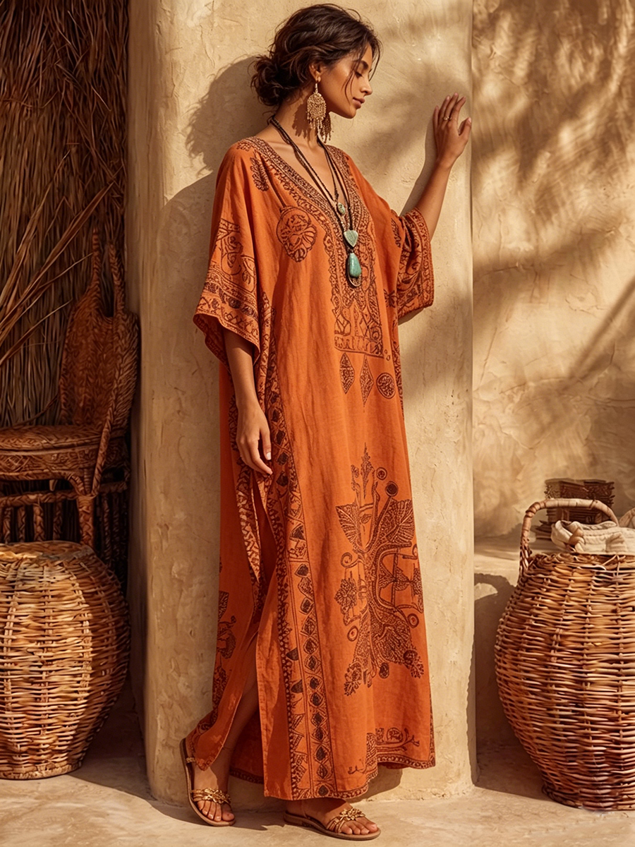 Bohemian Vintage-print Loose Cotton-linen Dress