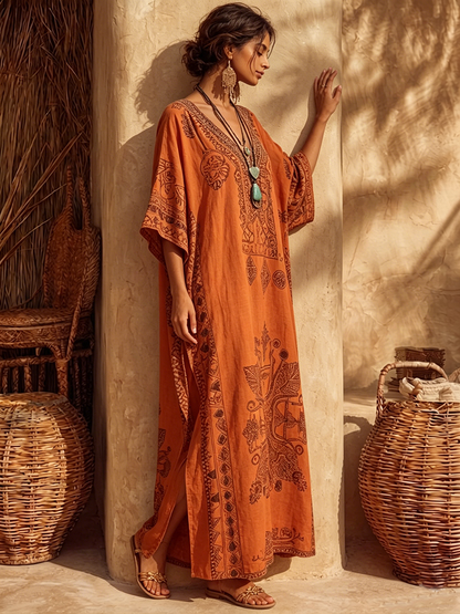 Bohemian Vintage-print Loose Cotton-linen Dress