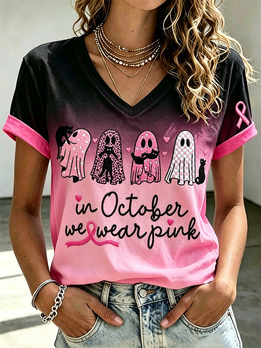 Women'S Casual Gradual Change Halloween Breast Cancer Printed T-Shirt
