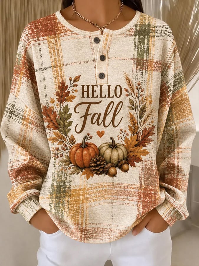 Women's Casual Printed Waffle-Knit Henley Sweatshirt