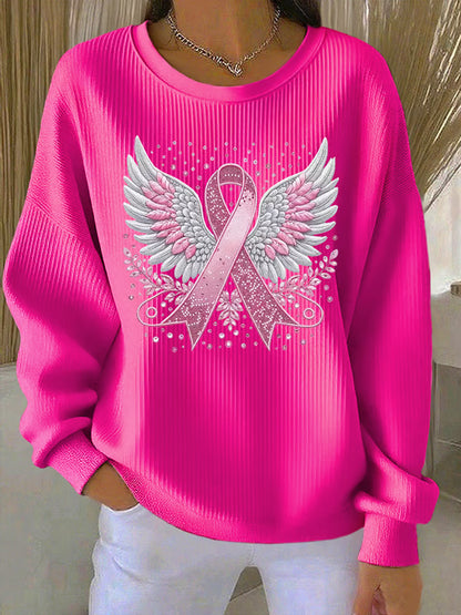 Women'S Pink Ribbon Print Casual Sweatshirt