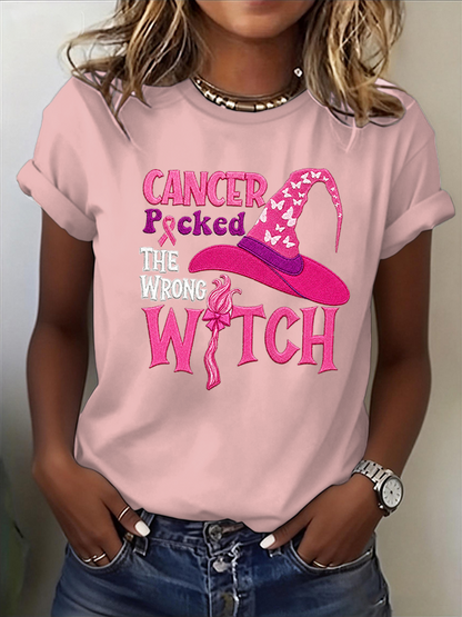 Women's Cancer Picked The Wrong Witch Pink Ribbon Witch Hat Embroidery Short Sleeve T-Shirt