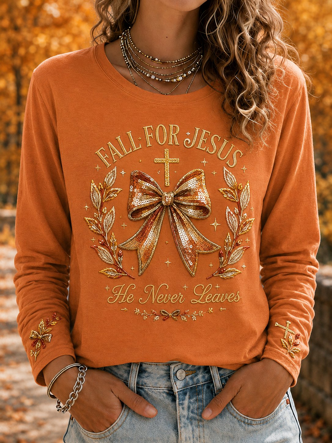 Women's Fall For Jesus He Never Leaves Print T-Shirt