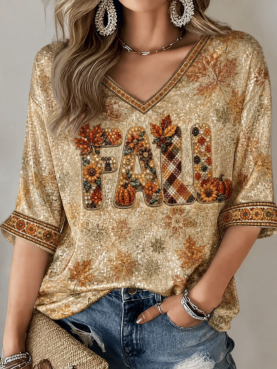 Women's Autumn Season Maple Leaf Comfortable V-Neck Top