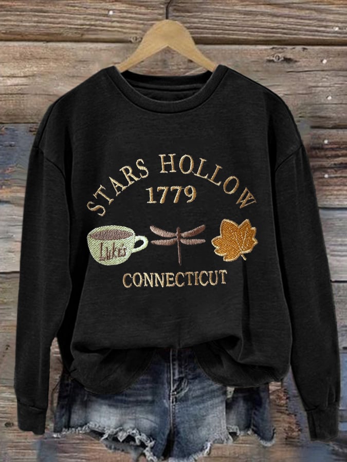 Retro Fall Stars Hollow 1779 Connecticut Luke’s Coffee Cup Dragonfly Maple Leaf Print Sweatshirt