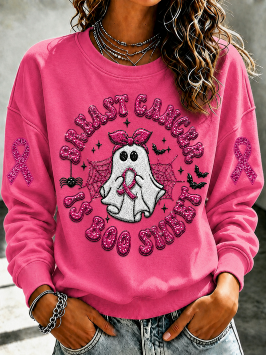 Women'S Pink Patchwork Print Breast Cancer Awareness Crewneck Sweatshirt