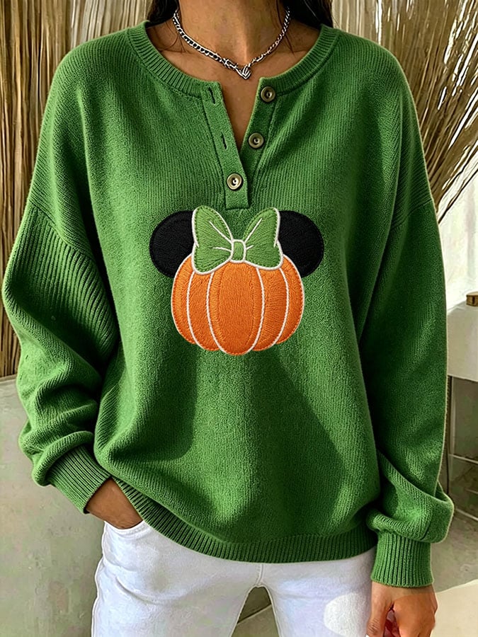 Women's Casual Print Button-Up Collar Knit Top