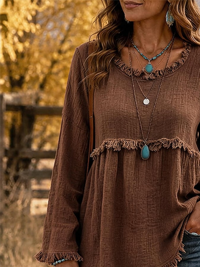 Women'S Casual Round Neck Cotton And Linen Top With Frayed Edges