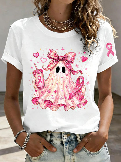 Women'S Breast Cancer Awareness And Ghost Witch Halloween Support Printed T-Shirt