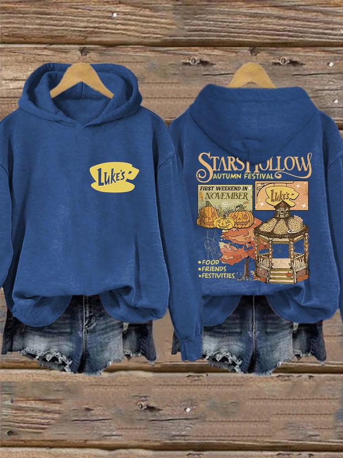 Retro Fall Pumpkins Stars Hollow Autumn Festival First Weekend In November Luke'S Food Friends Festivities Print Hoodie