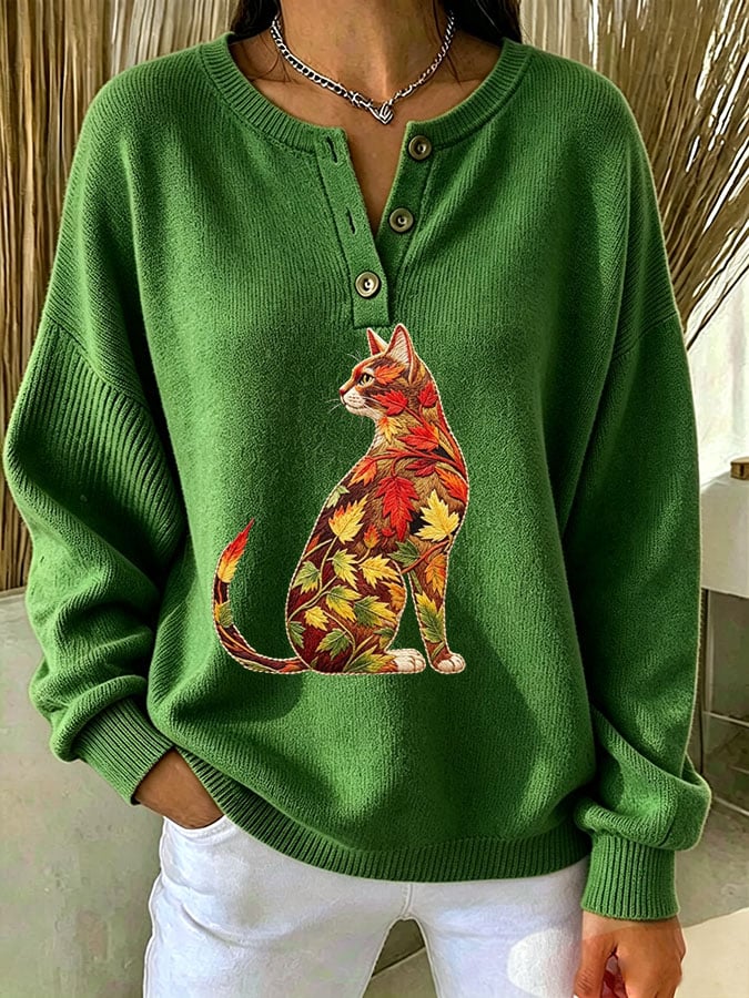 Women's Casual Print Button-Up Collar Knit Top