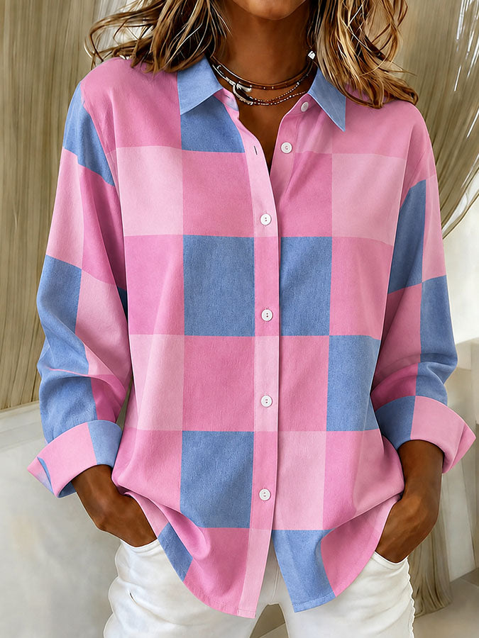 Women'S Pink Checkered Printed Lapel Long Sleeved Shirt