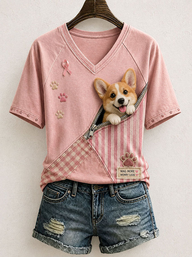 Female Cute Dog Pink Ribbon Printed Casual V-Neck T-Shirt
