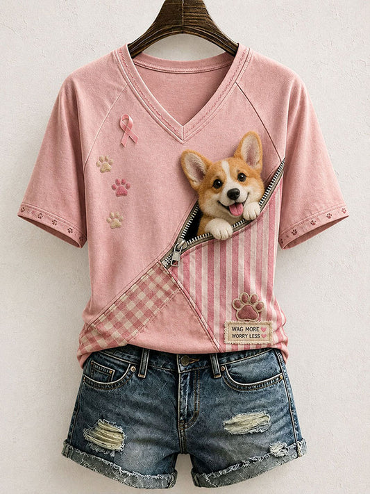 Female Cute Dog Pink Ribbon Printed Casual V-Neck T-Shirt