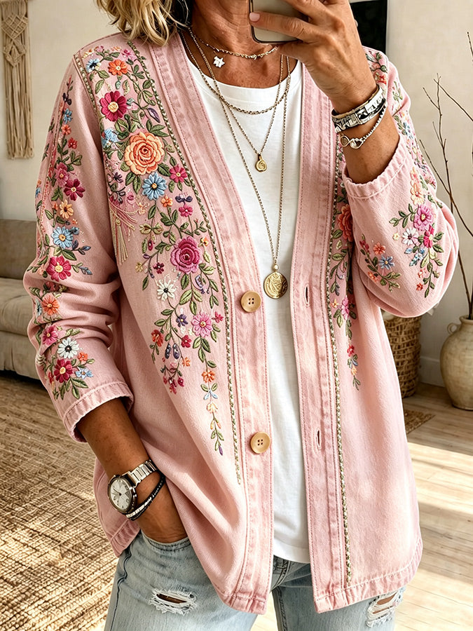 Women'S Pink Embroidered Floral Print Casual Cardigan