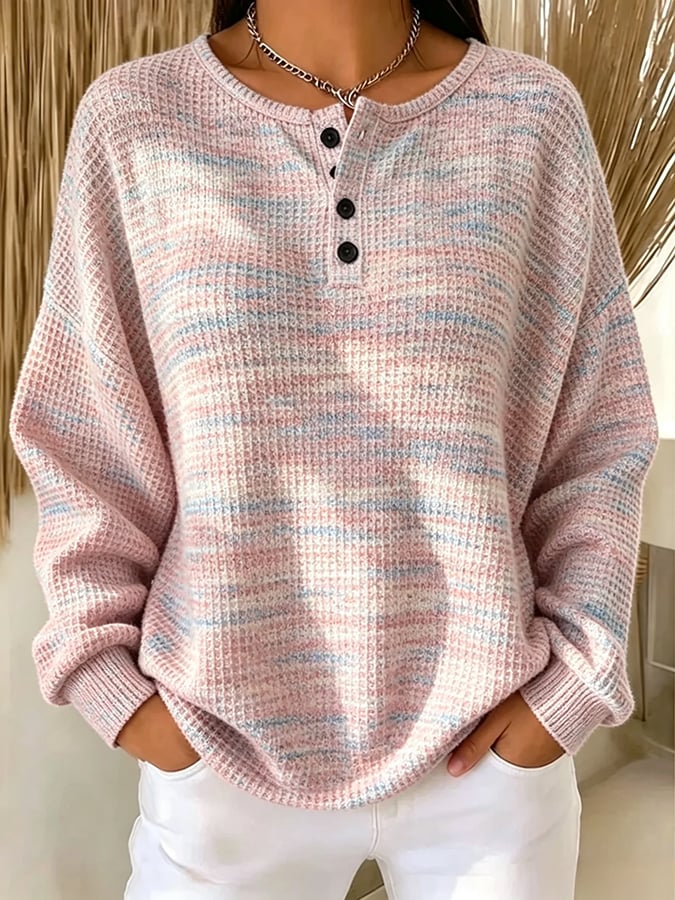 Women's Casual Printed Waffle-Knit Henley Sweatshirt