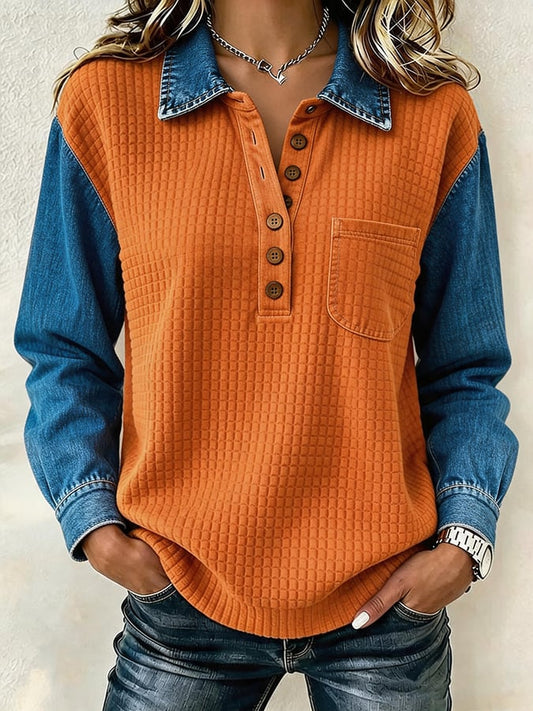 Women's Casual Color-Block Lapel Sweatshirt
