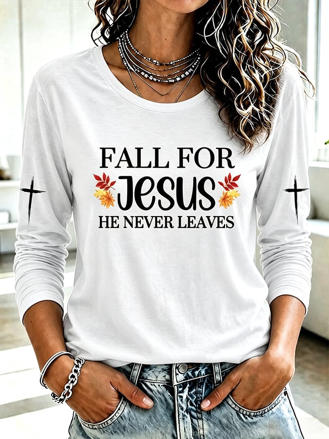 Women's  Retro  Fall For Jesus He Never Leaves Print T-shirt
