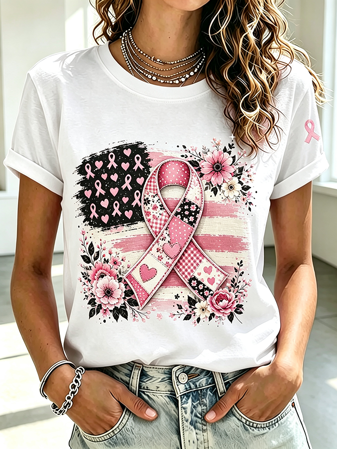 Women'S Pink Ribbon Flag Flower Breast Cancer Awareness T-Shirt