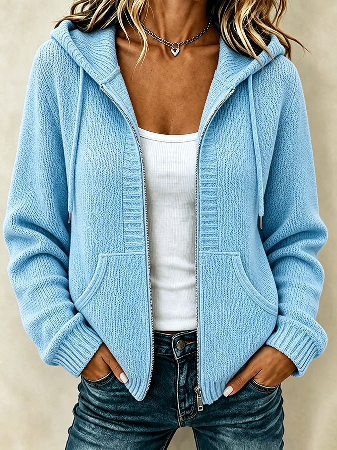 Women'S Casual Village Color Knitted Texture Zipper Hooded