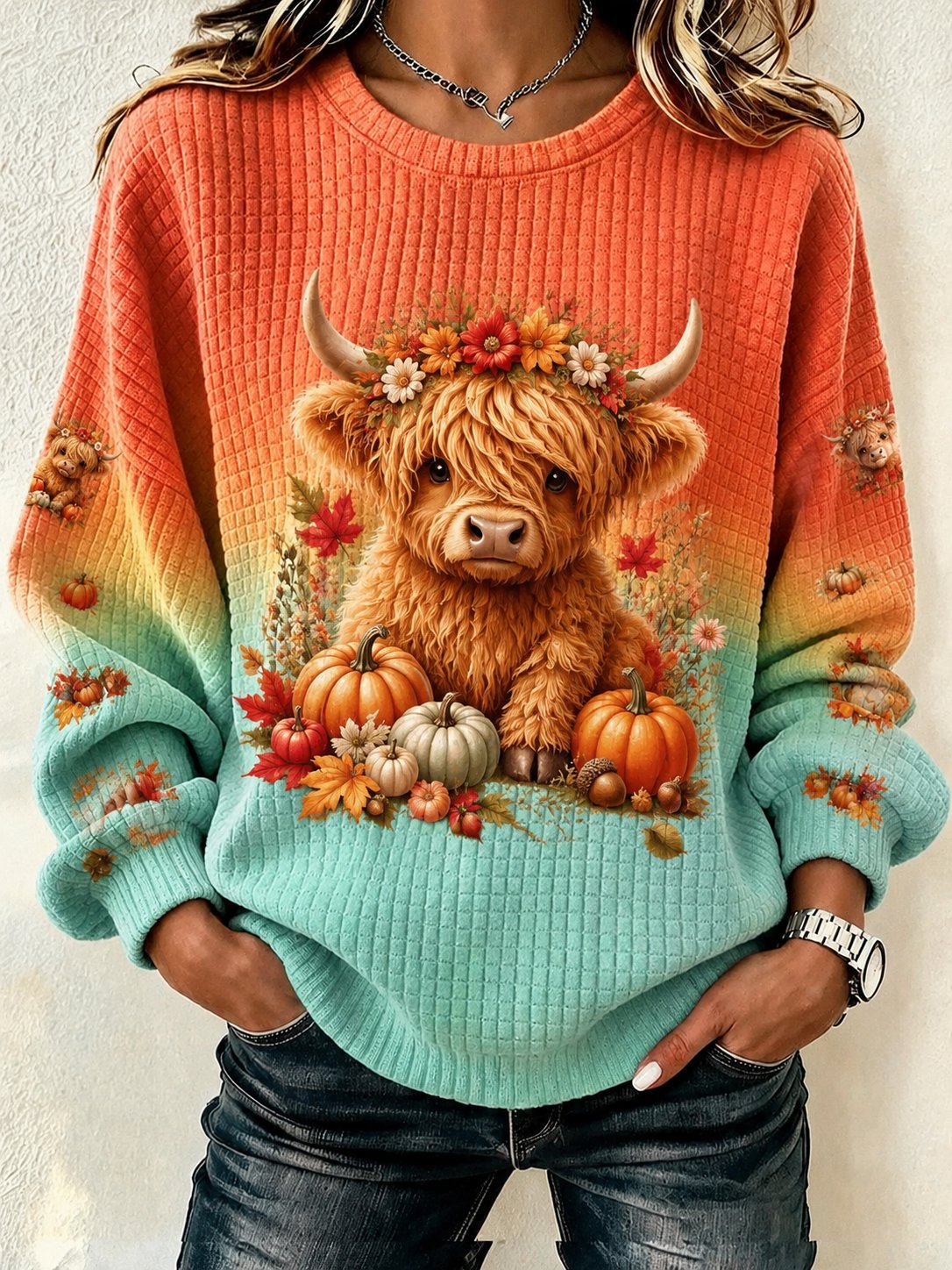 Women's Highland Cow Print Crewneck Sweatshirt