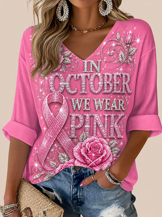 Women'S In October We Wear Pink Printed Waffle T-Shirt