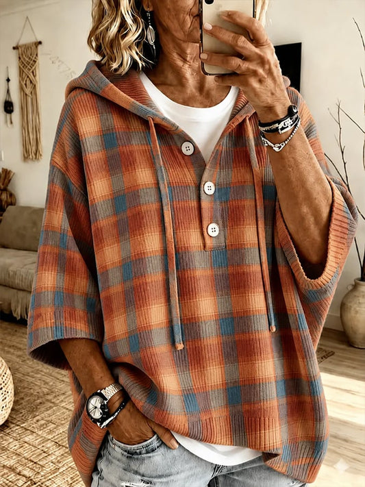 Women's Autumn Plaid Print Ribbed Hoodie