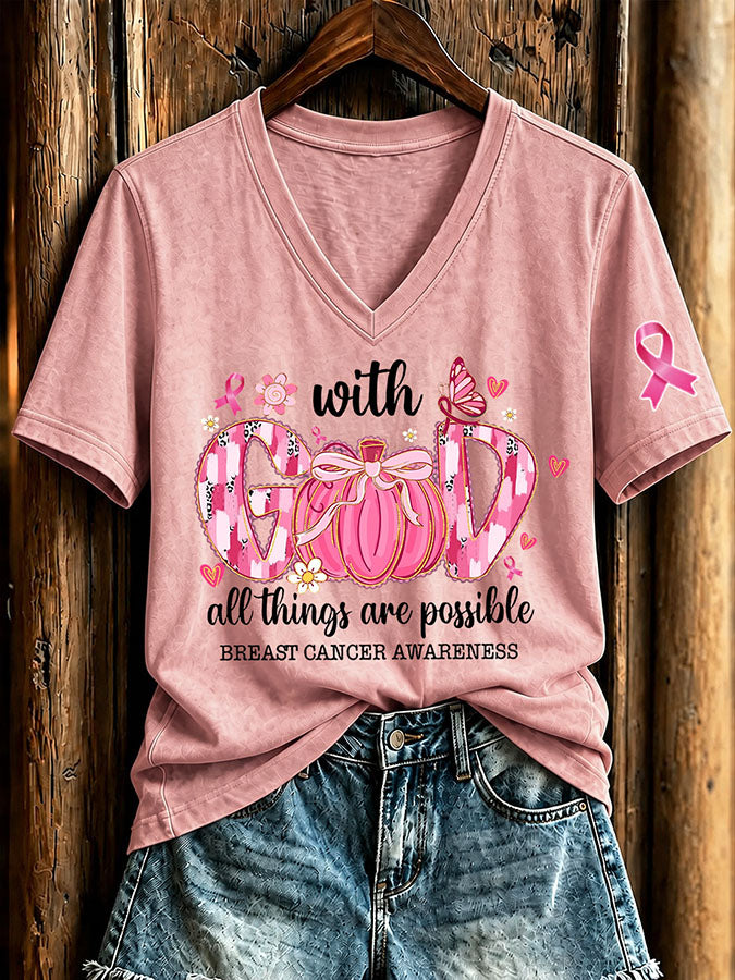 Women'S Breast Cancer Awareness And Ghost Witch Halloween Support Printed T-Shirt
