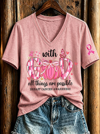 Women'S Breast Cancer Awareness And Ghost Witch Halloween Support Printed T-Shirt