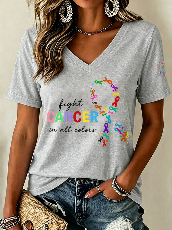 Women'S Fight Cancer In All Color Printed V-Neck T-Shirt