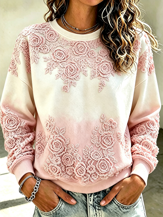 Ladies' Casual Gradient Pink Round Neck Sports Shirt