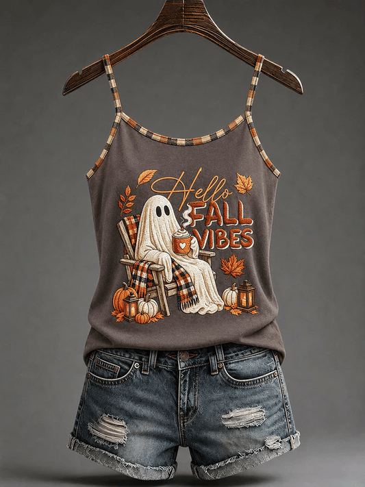 Women's Retro Hello Fall Vibes Print Casual Spaghetti Strap Top