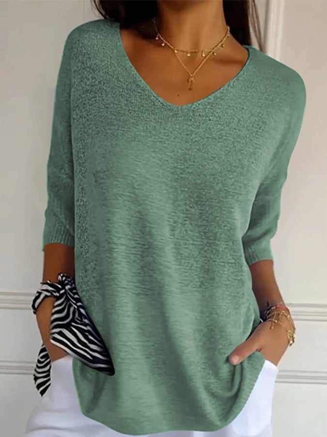 Women'S Casual V-Neck Three-Quarter Sleeve Solid Color Knit Sweater