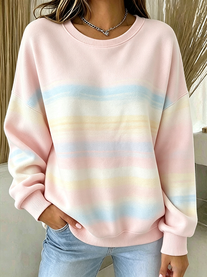 Ladies' Casual Gradient Pink Round Neck Sports Shirt