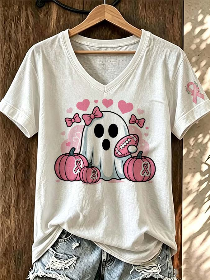 Women'S Pink Pumpkin Ribbon Printed Casual Short Sleeved T-Shirt