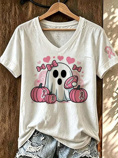 Women'S Pink Pumpkin Ribbon Printed Casual Short Sleeved T-Shirt