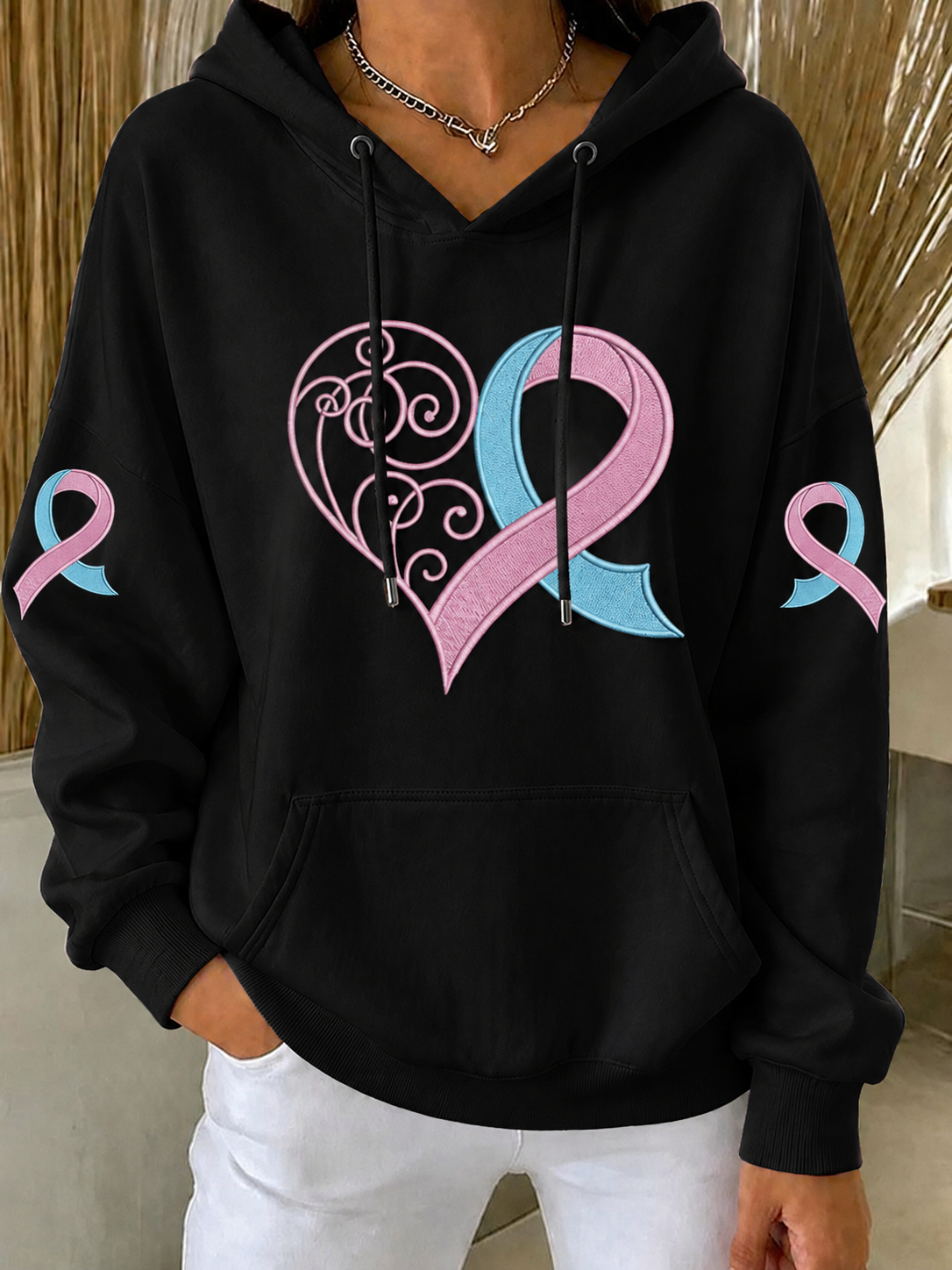 Women'S Retro Breast Cancer Awareness Love Printed Long Sleeve Hoodie