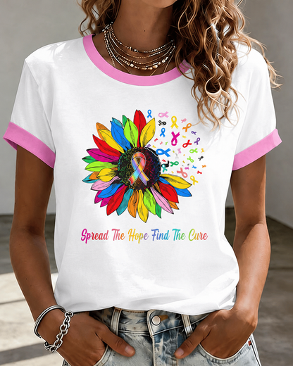 Women's Rainbow Sunflower Multi Cancer Awareness Ribbon Inspirational Quote Contrast Trim Casual T-Shirt