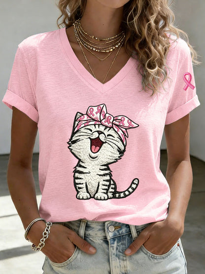 Women's Breast Cancer Awareness Cute Cat Print T-shirt