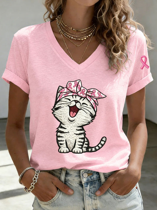 Women's Breast Cancer Awareness Cute Cat Print T-shirt